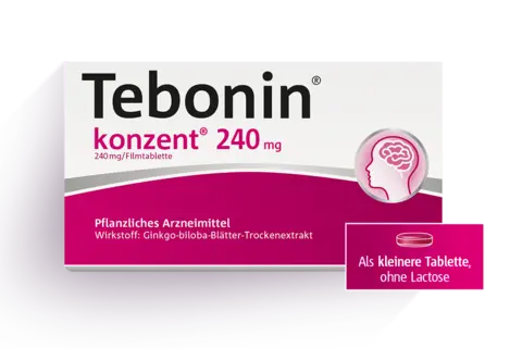 Produktabbildung von Tebonin® konzent® inkl. Störer „Als kleinere Tablette, ohne Lactose“