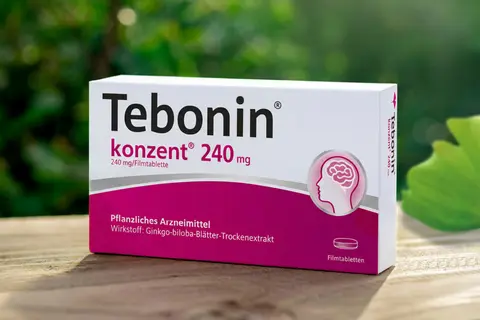 Eine Packung Tebonin® konzent® und Ginkgo-Blatt auf eine Holzunterlage vor grüner Blätterwand
