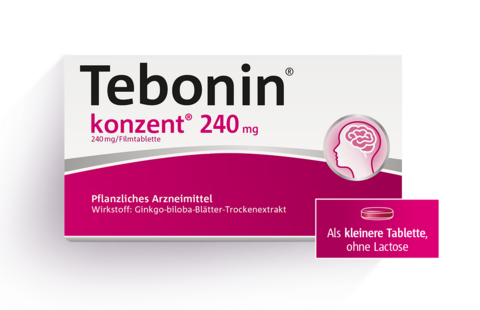 Produktabbildung von Tebonin® konzent® inkl. Störer „Als kleinere Tablette, ohne Lactose“