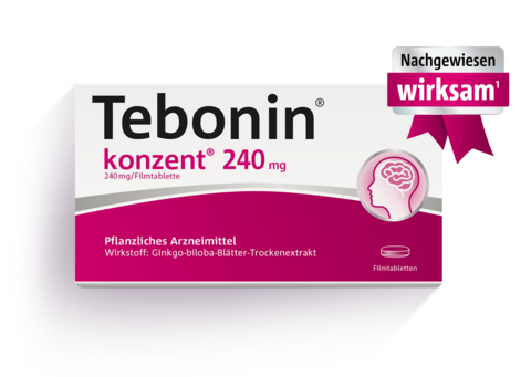 Packungsabbildung Tebonin® konzent® frontal mit Button "Nachgewiesen wirksam"
