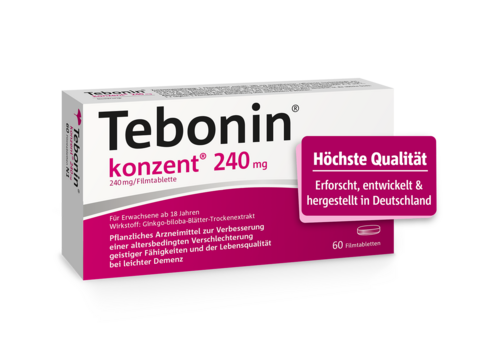 Packungsabbildung Tebonin konzent mit Button "Höchste Qualität"