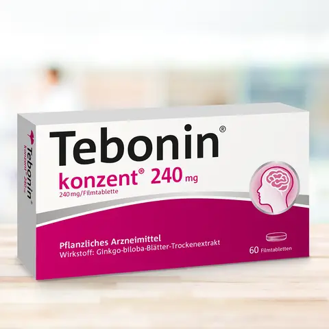 Packung Tebonin® konzent® 240 mg auf einer Holzplatte