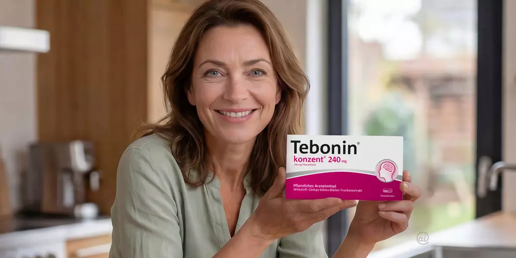 Eine Frau präsentiert die Verpackung von Tebonin konzent 240 mg, einem pflanzlichen Arzneimittel mit Ginkgo-Spezialextrakt.