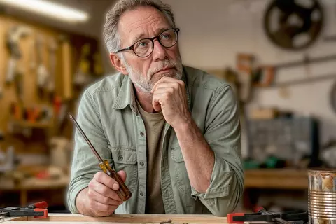 Ein Mann stützt sich mit der Hand am Kinn auf eine Werkbank und blickt grübelnd nach oben, im Hintergrund eine Wand voller Werkzeuge.