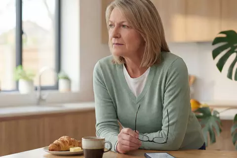 Blonde Frau im mintgrünen Pullover hält ihre Brille in der Hand und schaut mit ernstem Gesichtsausdruck aus dem Fenster ihrer hellen, modernen Küche.