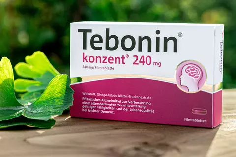 Eine Packung Tebonin® konzent® und Ginkgo-Blätter auf eine Holzunterlage vor grüner Blätterwand