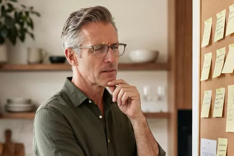Mann mit Brille betrachtet konzentriert eine Pinnwand voller Notizen in einer modernen Küche. Er wirkt dabei etwas überfordert.