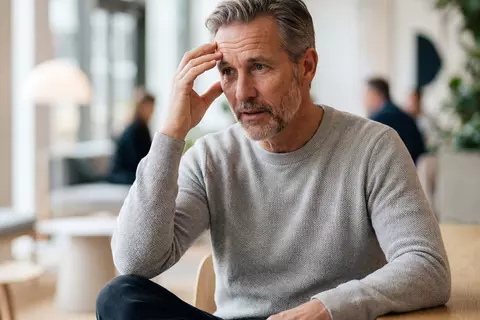 Ein Mann mit Bart und grauem Pullover führt ein ernstes Gespräch und berührt dabei mit einer Hand seine Stirn.