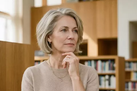 Frau steht nachdenklich zwischen Bücherregalen in einer modernen Bibliothek.