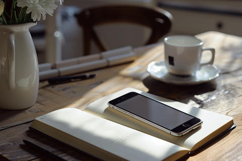 Ein Notizbuch und ein Handy liegen auf dem Tisch um sich selbst zu organisieren und nichts zu vergessen