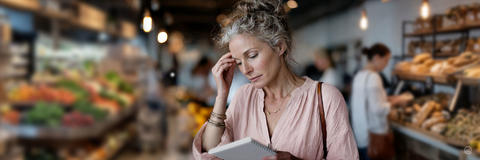 Nachdenkliche Frau prüft ihren Einkaufszettel in der Obst- und Gemüseabteilung eines Marktes.