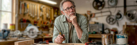 Ein Mann stützt sich mit der Hand am Kinn auf eine Werkbank und blickt grübelnd nach oben, im Hintergrund eine Wand voller Werkzeuge.