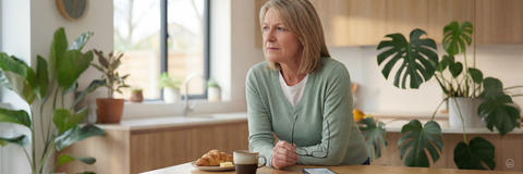 Blonde Frau im mintgrünen Pullover hält ihre Brille in der Hand und schaut mit ernstem Gesichtsausdruck aus dem Fenster ihrer hellen, modernen Küche.