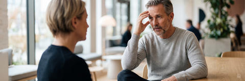 Ein Mann mit Bart und grauem Pullover führt ein ernstes Gespräch mit einer Frau, die ihm gegenüber sitzt und berührt dabei mit einer Hand seine Stirn.