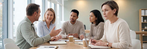 Eine diverse Gruppe von fünf Kollegen sitzt an einem Konferenztisch und hört einem sprechenden Mann aufmerksam zu. Eine Frau hat jedoch Probleme, sich zu konzentrieren.