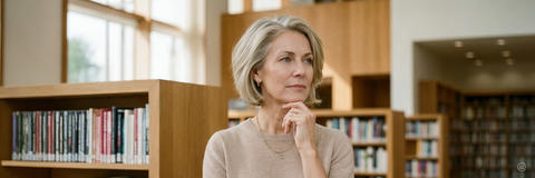 Frau steht nachdenklich zwischen Bücherregalen in einer modernen Bibliothek.