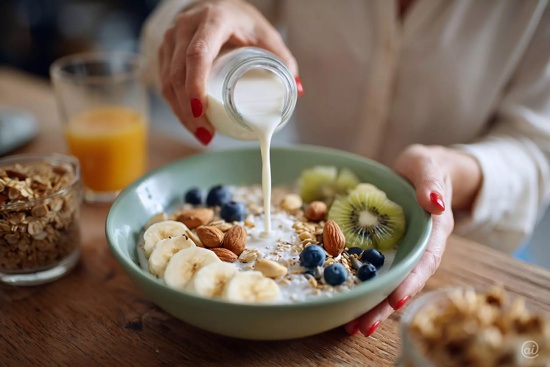 Gesunde Frühstücksbowl mit Beeren, Nüssen und Banane, Milch wird frisch hinzugefügt.