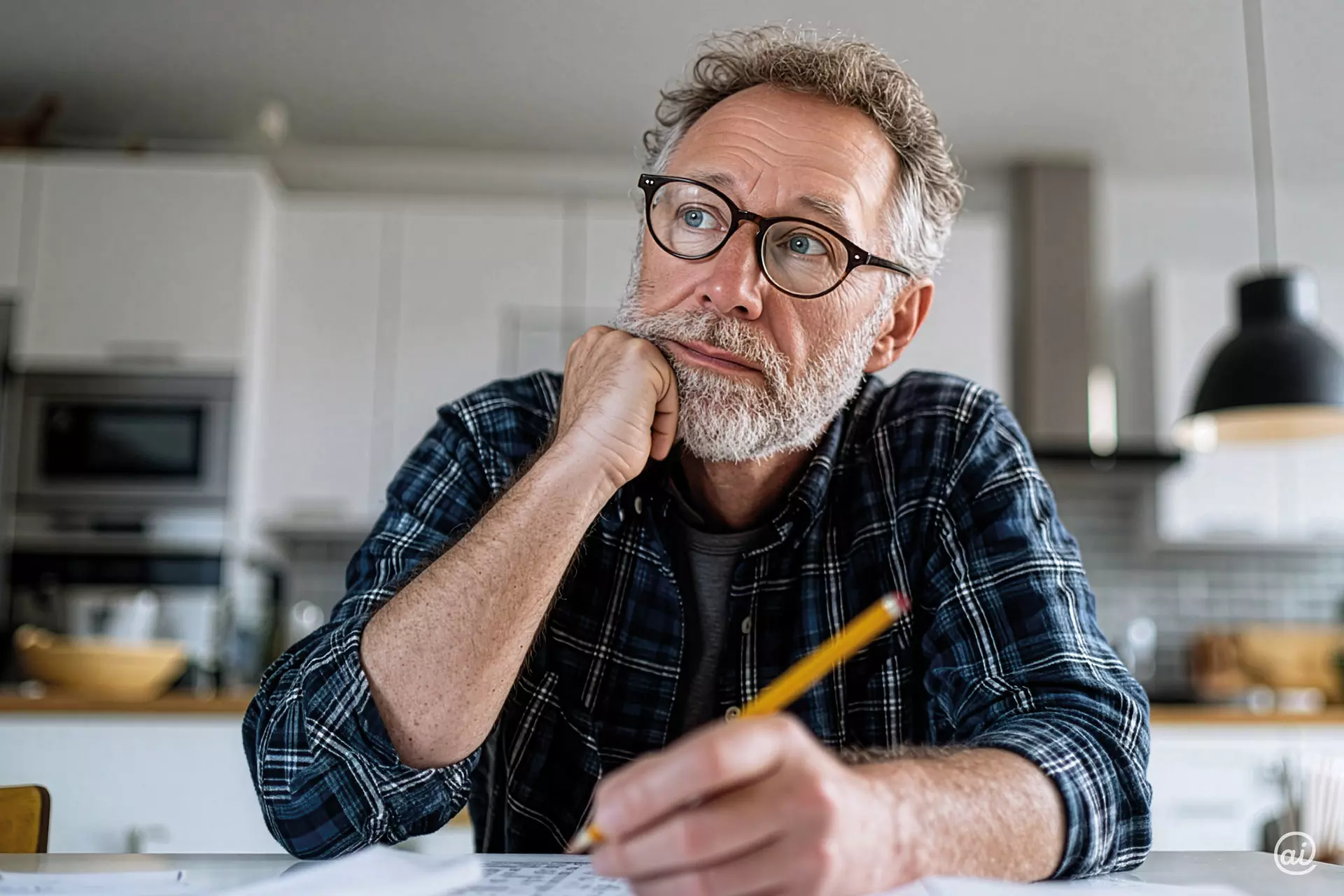 Nachdenklicher älterer Mann mit Brille und Bart sitzt an einem Tisch, stützt sein Kinn auf die Hand und hält einen Stift, während er über Unterlagen brütet.