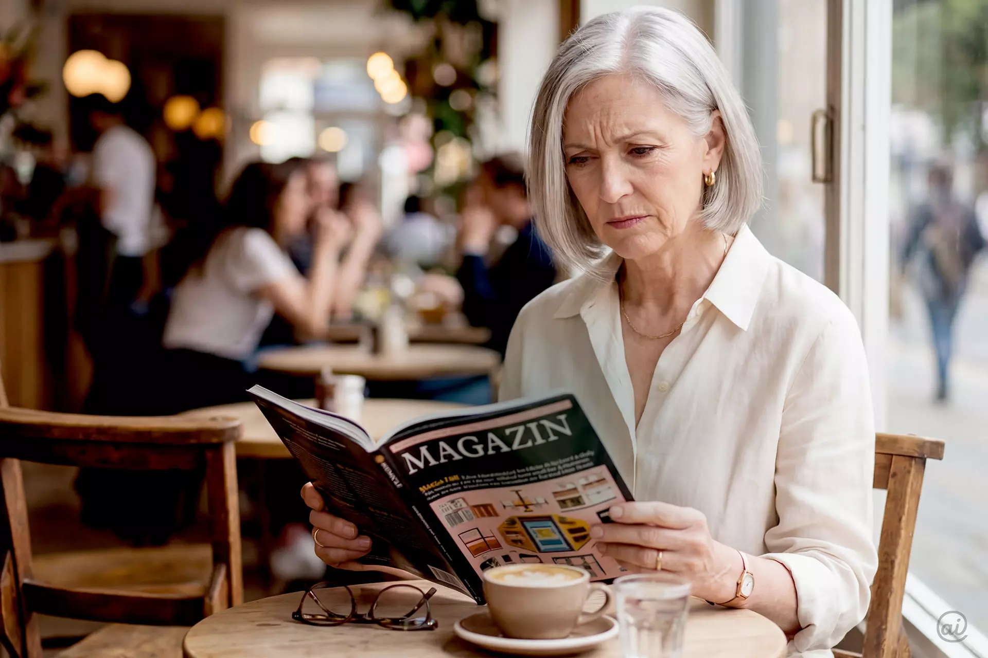 Ältere Frau sitzt in einem Café und liest konzentriert ein Magazin bei einer Tasse Kaffee.