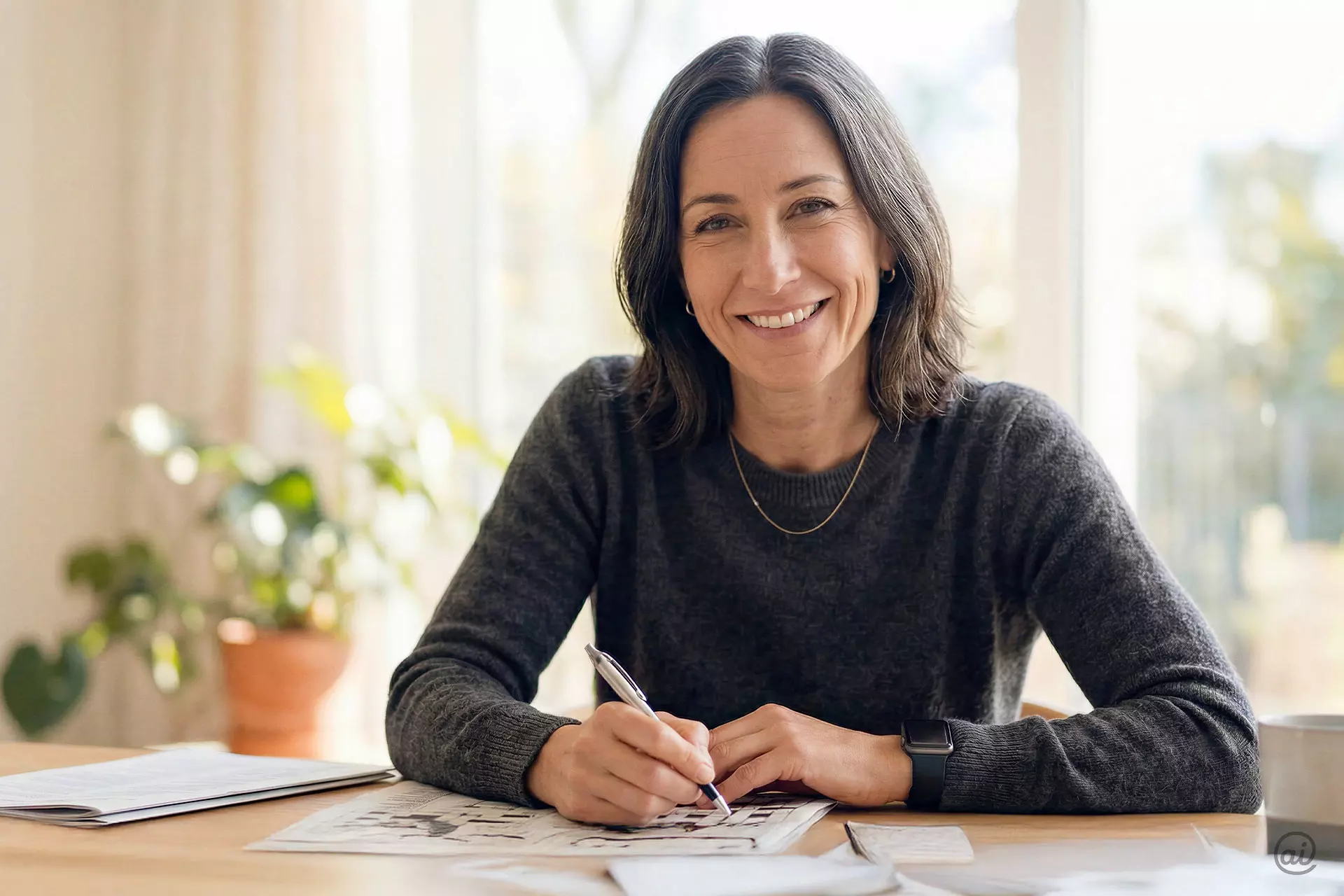 Eine zufriedene Frau trainiert ihr Gedächtnis, indem sie lächelnd ein Kreuzworträtsel in einer Zeitschrift löst.