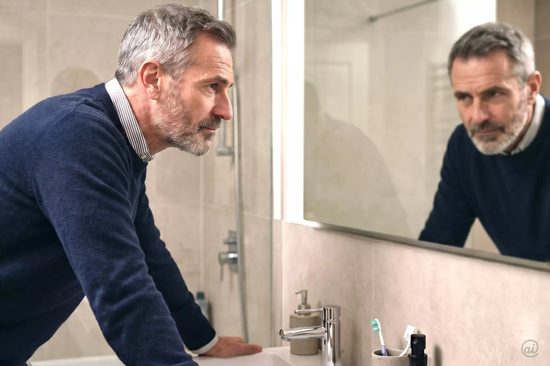 Nachdenklicher Mann schaut sich selbst im Badezimmerspiegel an.