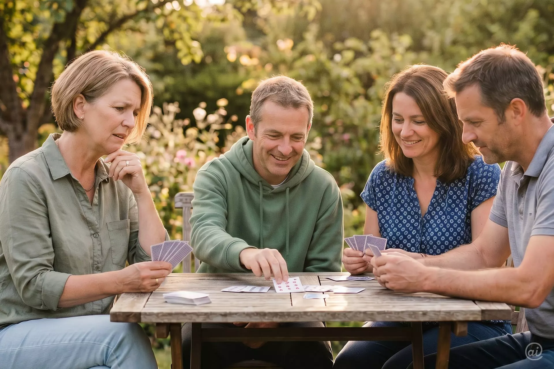 Zwei Frauen und zwei Männer sitzen an einem Gartentisch und spielen zusammen Karten, umgeben von sommerlicher Natur. Einer Frau fällt es sichtlich schwer, sich zu konzentrieren.