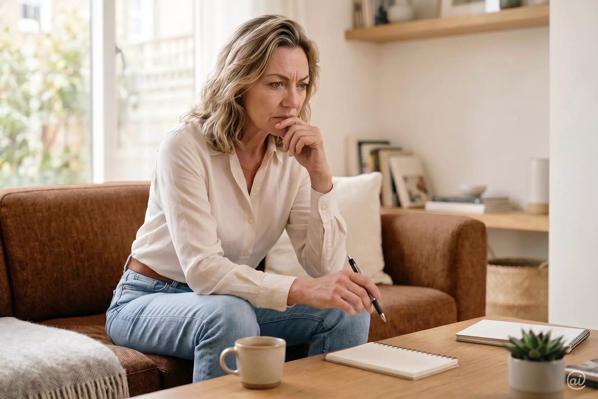 Eine Frau sitzt mit Notizbuch und Stift auf dem Sofa im Wohnzimmer und hat Schwierigkeiten sich zu konzentrieren.