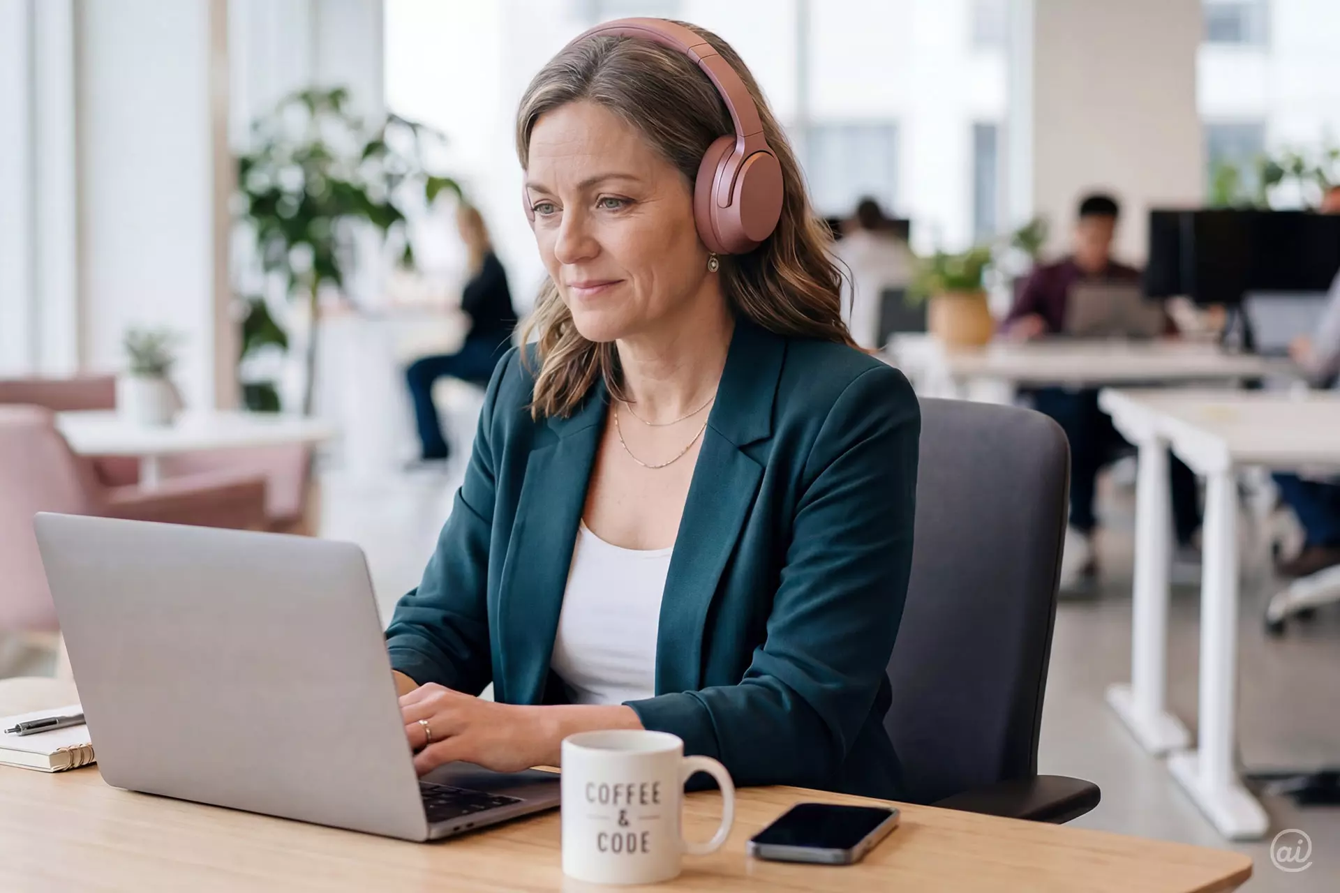 Eine Frau mittleren Alters mit rosa Kopfhörern arbeitet konzentriert an ihrem Laptop in einem modernen Großraumbüro.