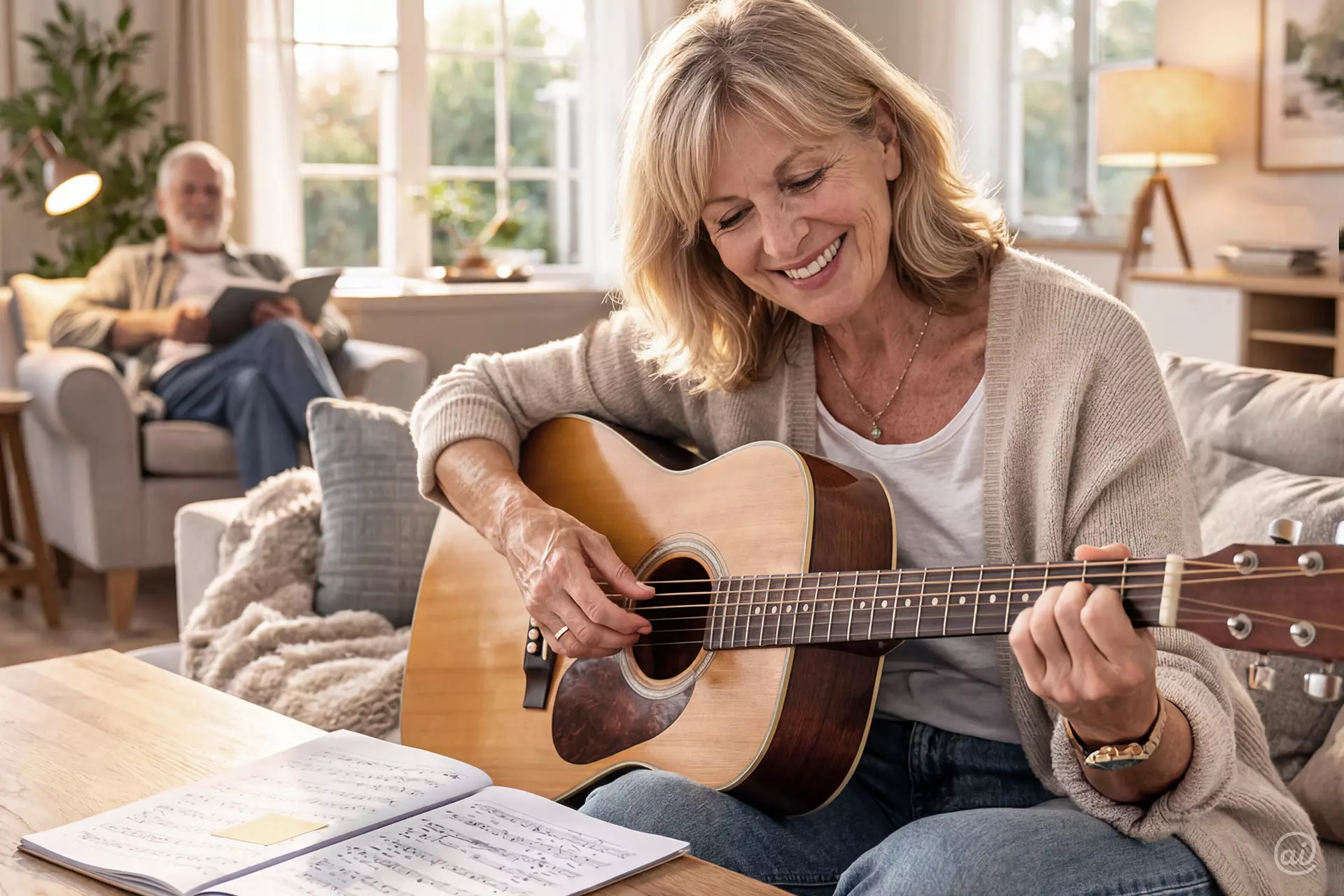 Lächelnde Frau genießt das Gitarrespielen zu Hause mit einem Notenblatt vor sich. Ein Mann sitzt im Hintergrund auf dem Sofa und liest in einem Buch.