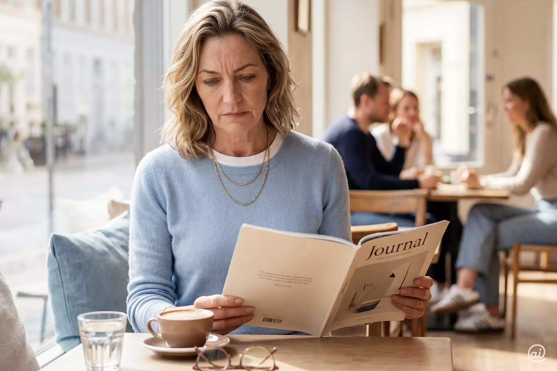 Eine Frau sitzt mit konzentriertem Gesichtsausdruck in einem Café und liest in einer Zeitschrift.