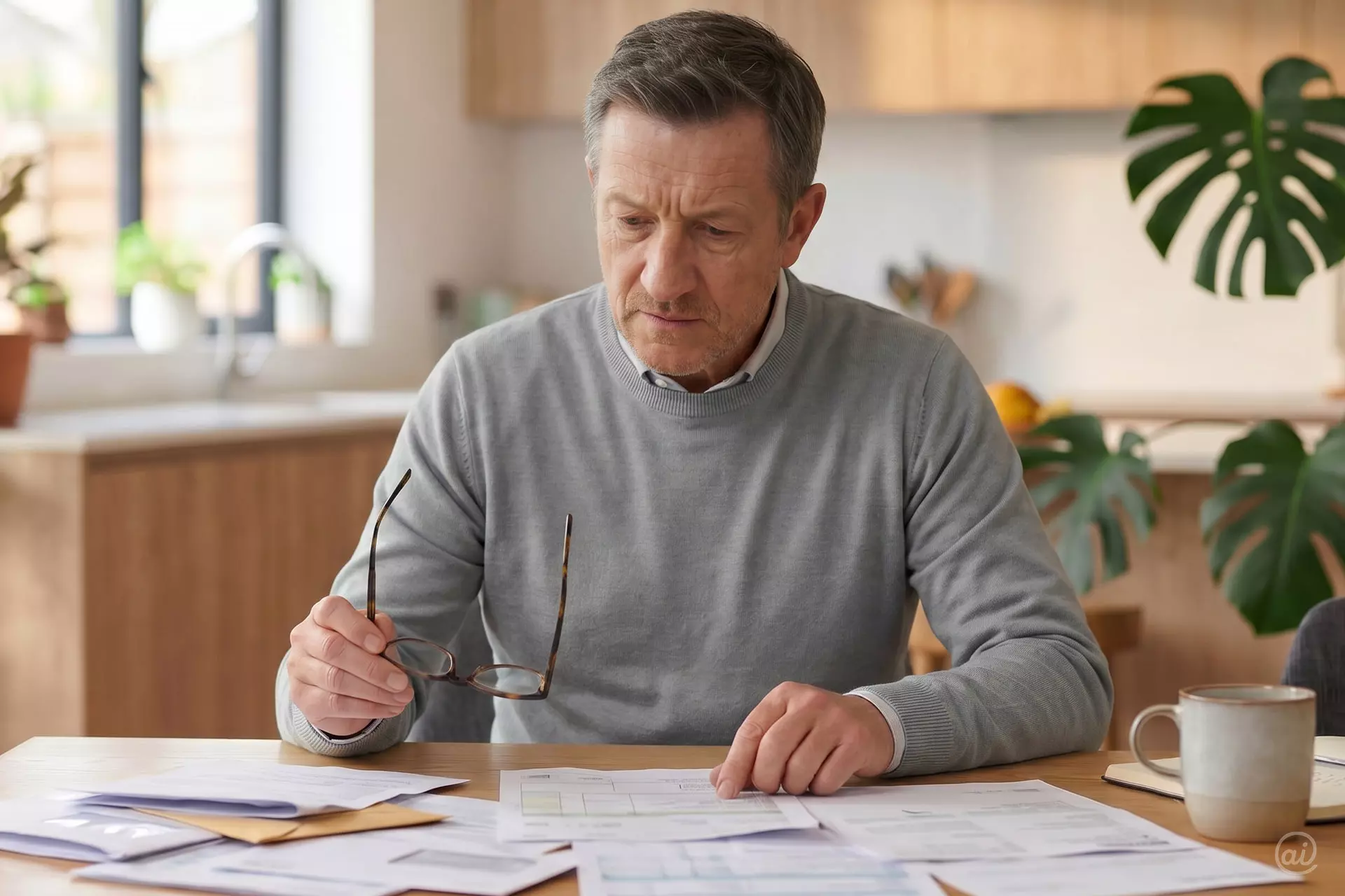 Ein Mann mittleren Alters sitzt konzentriert am Küchentisch und geht mit abgesetzter Brille seine Unterlagen durch.