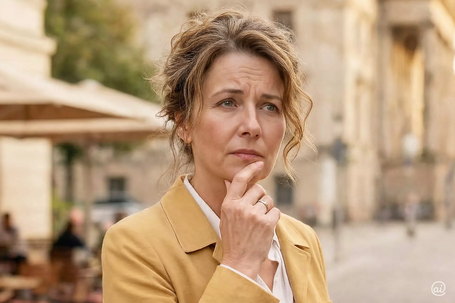 Frau im Stadtraum überlegt mit nachdenklichem Gesichtsausdruck.