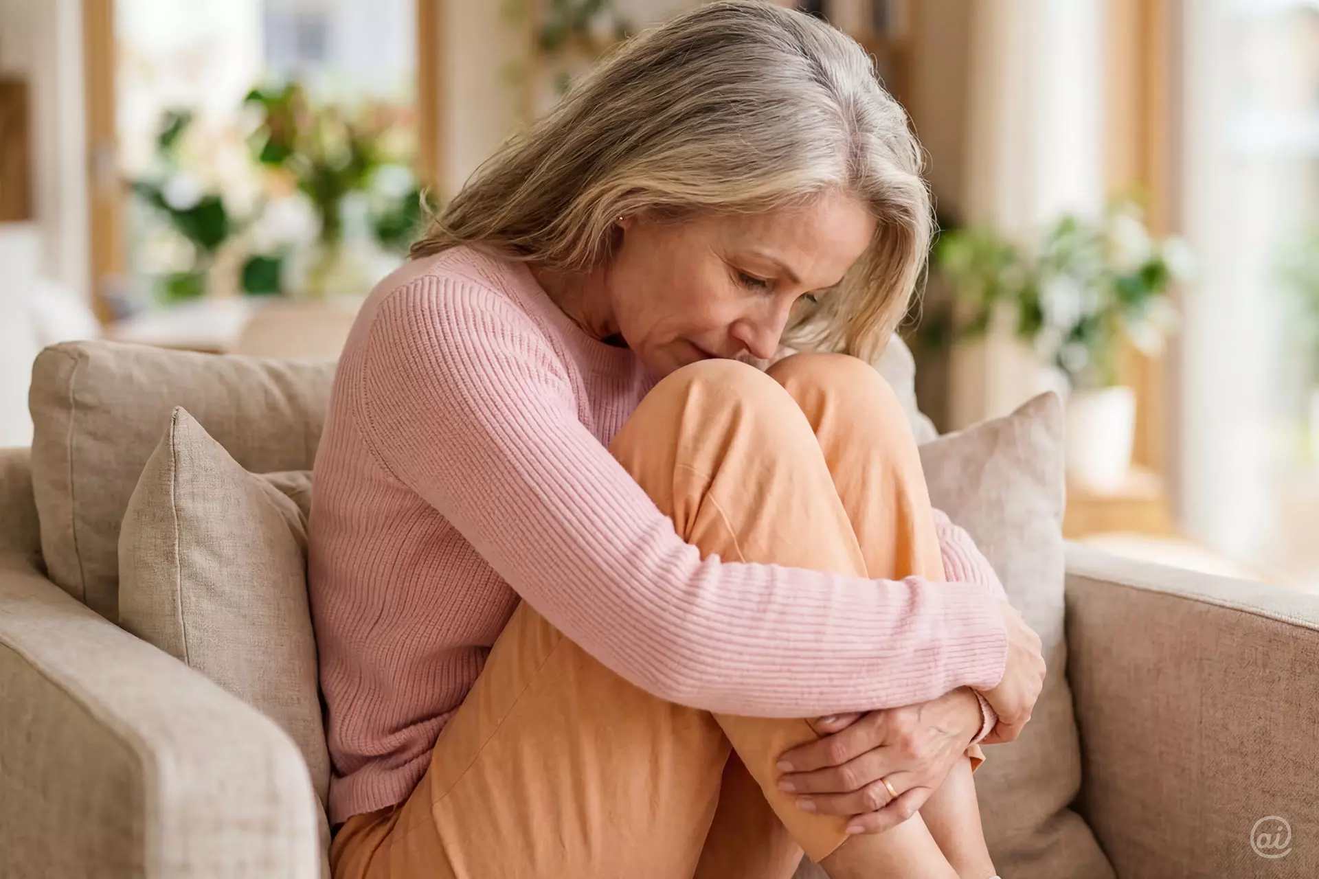 Nachdenkliche wirkende Frau in rosa Pullover und orangefarbener Hose auf einer Couch.