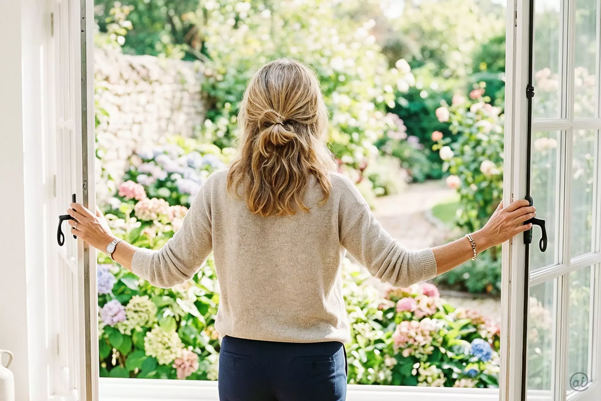 Frau öffnet weit die Terrassentüren und blickt in einen blühenden, sonnigen Garten.