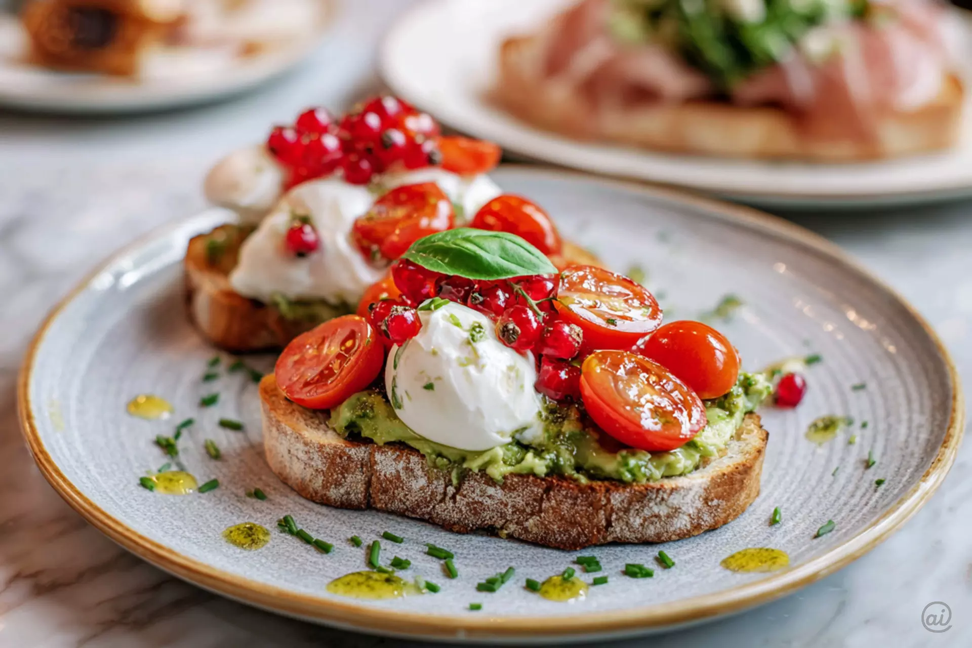 Appetitlich angerichtetes Avocado-Brot mit Tomaten und Mozzarella, das als gesunder und köstlicher Brunch oder Snack serviert wird.
