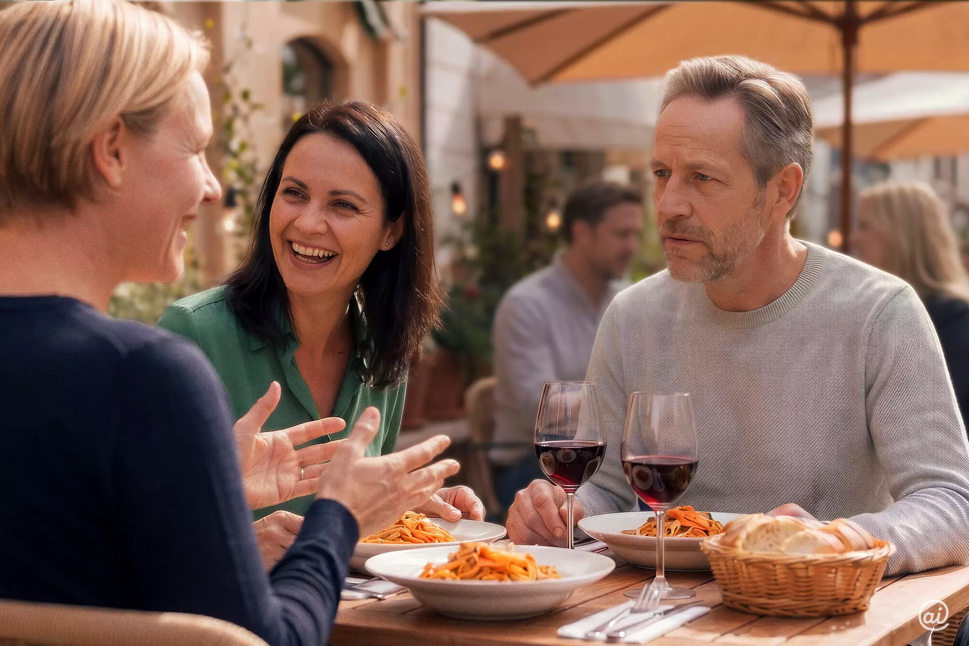 Eine lachende Frau unterhält sich mit ihren Freunden an einem gedeckten Tisch mit Pastatellern und Weingläsern in einem italienischen Restaurant.