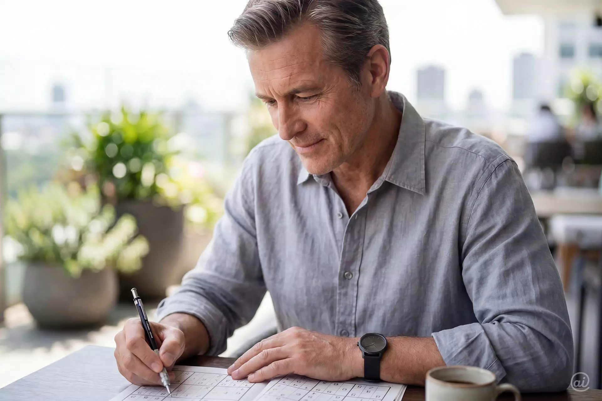 Mann trainiert sein Gedächtnis und seine Konzentration beim entspannten Lösen eines Sudokus auf einer Terrasse.