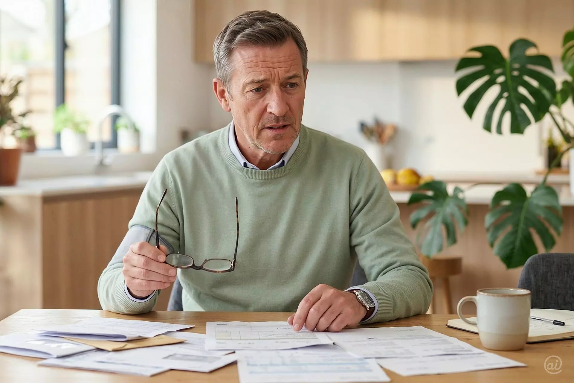 Ein Mann sitzt an einem Küchentisch, hält seine Brille in der Hand und schaut überfordert wirkend auf zahlreiche Dokumente, die vor ihm liegen.