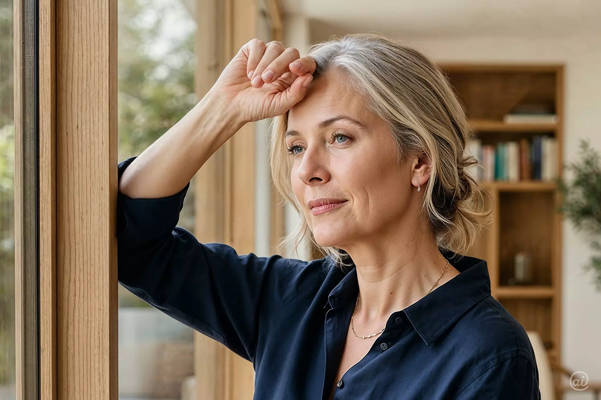 Nachdenkliche Frau steht am Fenster und blickt hinaus, den Kopf leicht an die Hand gelehnt.