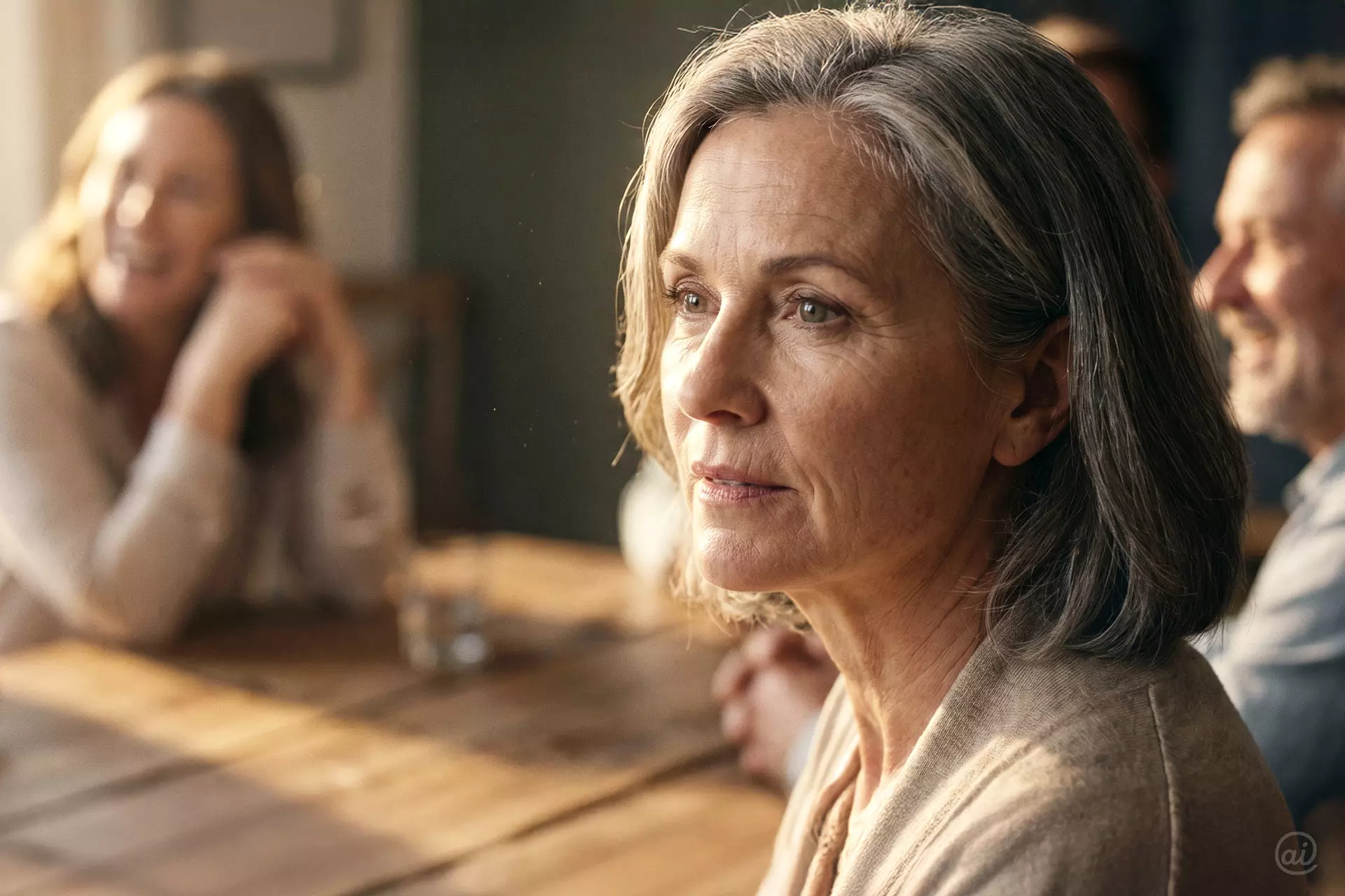 Ältere Frau schaut nachdenklich zur Seite, während im Hintergrund Menschen an einem Tisch sitzen.