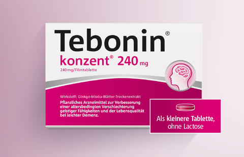 Produktabbildung von Tebonin® konzent® inkl. Störer „Als kleinere Tablette, ohne Lactose