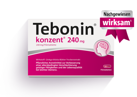 Packungsabbildung Tebonin® konzent® frontal mit Button "Nachgewiesen wirksam"
